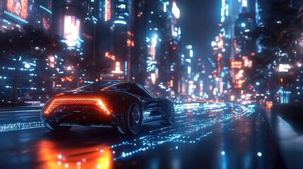  Futuristic cityscape with autonomous electric vehicles navigating organized streets and glowing blue lines showing connected networks.
