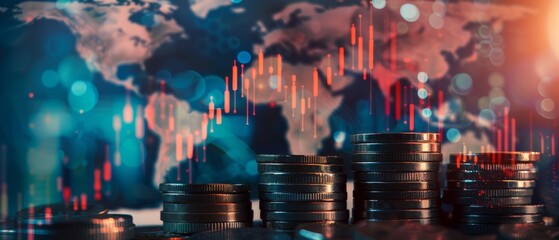 Stacks of coins rise against a background of a world map and stock market graphs, representing global finance and trade.