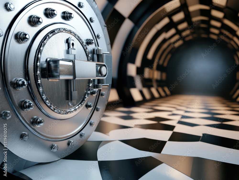 Poster secure vault door with shiny metal lock and checkerboard floor, showcasing an intriguing tunnel of d
