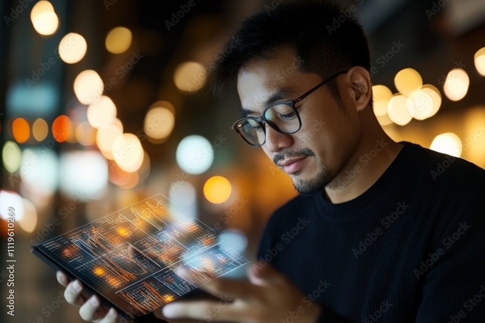 Aufkleber man interacts with a futuristic device displaying glowing data in a vibrant urban setting at night