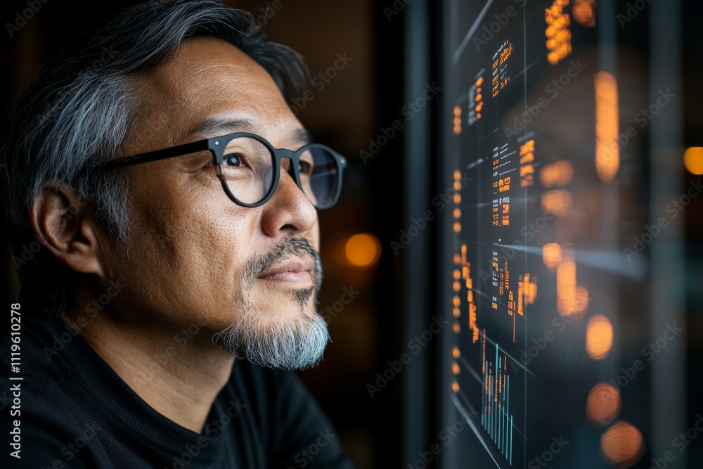 Poster professional analyzes data on a high-tech screen during a nighttime work session in an urban environ