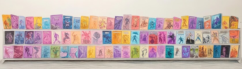 A colorful display of illustrated book covers arranged in a vibrant, artistic manner.