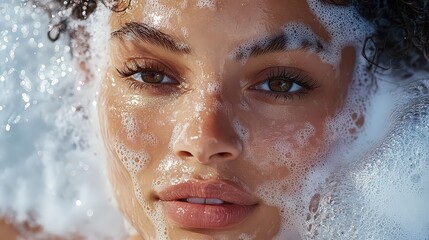  Frothy cleanser spreading across wet skin with a translucent sheen, glistening under soft water reflection.