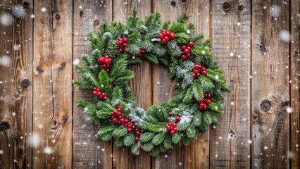 Fototapeta premium Beautifully decorated wreath of pine, holly, and red berries on rustic wooden door with light snow falling , winter, Christmas