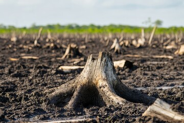 Fototapeta premium Close-Up of an Exposed Tree Stump in a Vast Deforested Landscape Under Bright Sky, Highlighting Environmental Impact of Logging and Land Use Changes