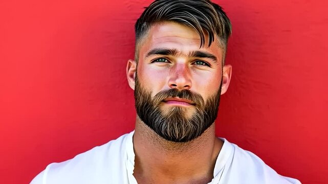 Bearded Caucasian man poses against a red wall, evoking concepts of masculinity and Valentines Day