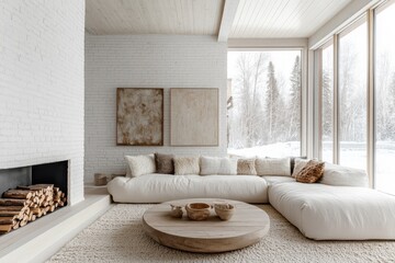 Fototapeta premium Cozy minimalist living room white sectional sofa wooden coffee table large windows