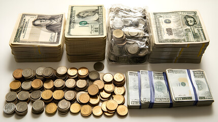 Fototapeta premium Stacks of US Dollars and Foreign Coins