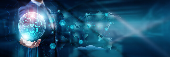 Obraz premium Businessman hand holding global network connection on cryptocurrency, blockchain, decentralized finance, digital wallets, peer-to-peer transactions, fintech, payments, technology, and innovations