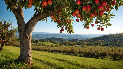 Fototapeta premium Beautiful apple orchard landscape with ripe red fruit hanging from tree branches overlooking rolling hills and mountains under clear blue summer sky