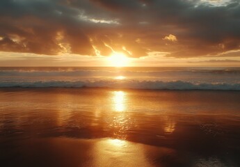 Obraz premium Serene Sunset Over Calm Ocean Waves with Warm Golden Hues Reflecting on Tranquil Beach, Creating a Peaceful and Relaxing Atmosphere at Dusk