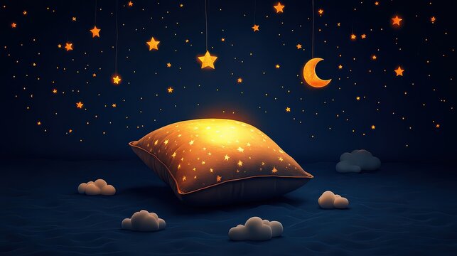  Glowing pillow in minimalist composition on a dark background, surrounded by hand-drawn stars, moons, and clouds for peaceful sleep.