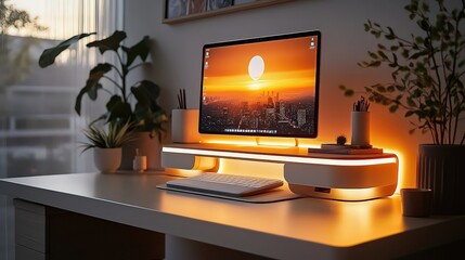  Modern office setup with a smart desk featuring built-in wireless charging, AI assistant display, and ergonomic adjustment controls.