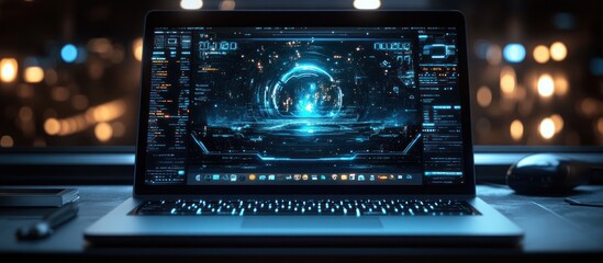 A futuristic digital interface displayed on a laptop screen with blurred lights in the background.