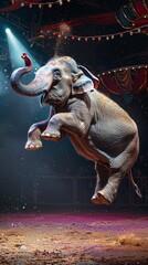 An elephant is jumping in a circus. The elephant is lit by a spotlight. The background is dark.