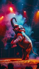An elephant stands on its hind legs in the center of a brightly lit circus ring. The elephant is silhouetted against a red and blue background. Smoke and spotlights surround it.