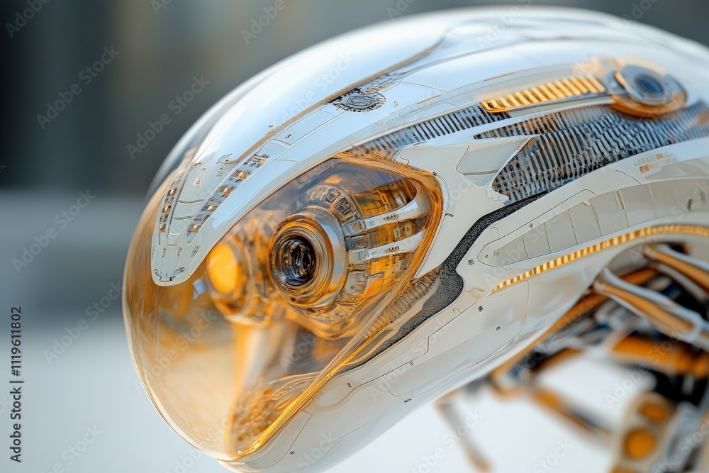 Poster intricate robotic design featuring a transparent head and advanced technology elements
