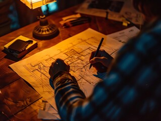 An architect works late into the night, poring over the blueprints of a new project