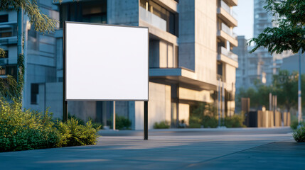 Fototapeta premium A blank white billboard stands on a sidewalk, ready for advertisement placement.