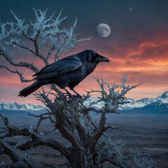 A raven perched on a crystalline tree against a surreal alien landscape.