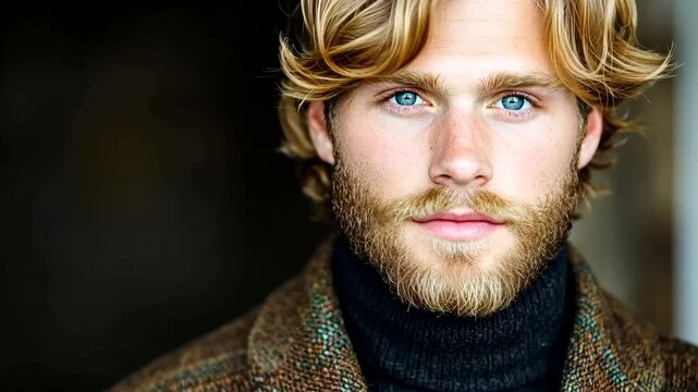 A Caucasian man with a beard and blue eyes wearing a turtleneck