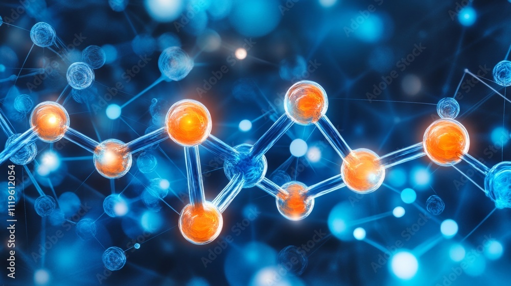 Poster abstract molecular structure with orange and blue bokeh lights, modern design background