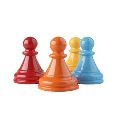 Colorful game pieces in red, orange, blue, and yellow