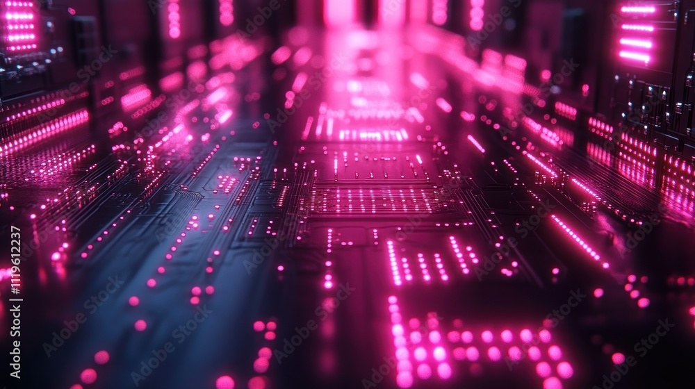 Poster abstract cyberpunk background with glowing pink lines and circuit board.