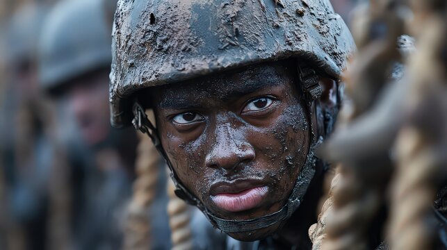  Soldiers training rigorously on an obstacle course, scaling walls and crawling under barbed wire with determination etched on their faces.