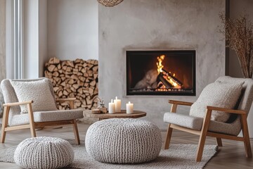 Cozy modern living room roaring fireplace wooden armchairs knitted pouf ottomans