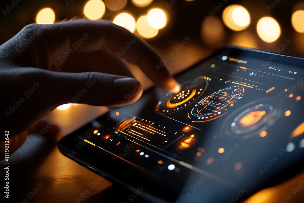 Aufkleber engaging with a futuristic touchscreen interface in a dimly lit setting with ambient lights