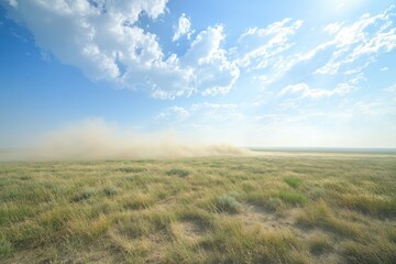 Obraz premium Dust Storm Approaching Over Grassland with Blue Sky and Cotton Clouds during Daylight, Natural Landscape Capturing Atmosphere of Arid Wilderness and Weather Changes