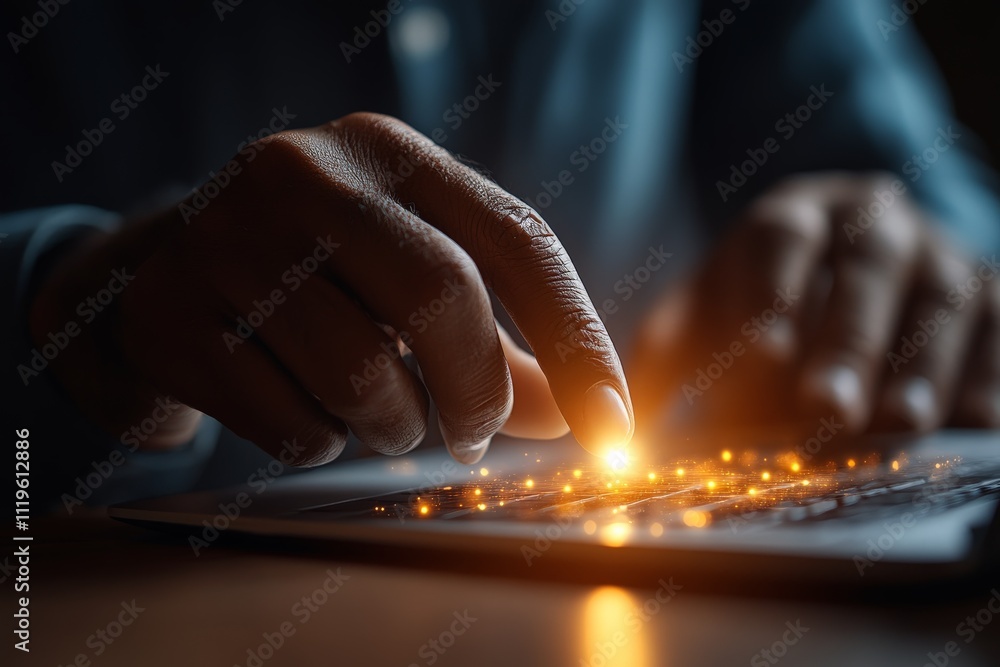 Poster fingers typing on a laptop keyboard illuminated by warm light in a dimly lit environment showcasing 