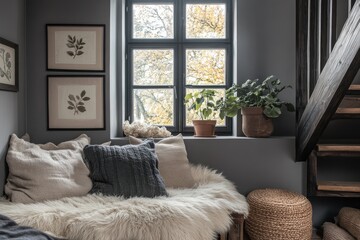 Cozy rustic interior daybed with fluffy pillows and sheepskin throw wooden staircase