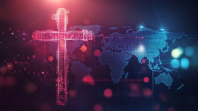 The holy cross of jesus christ world map. global mission, concept of Missionary Work and Global Outreach, created with Generative AI technology