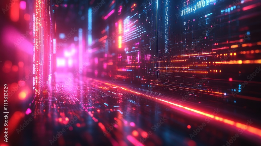 Poster a digital city with glowing neon lights and binary code.