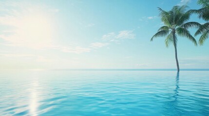 Obraz premium Tranquil Ocean View with Palm Tree Under Soft Blue Sky and Gentle Waves