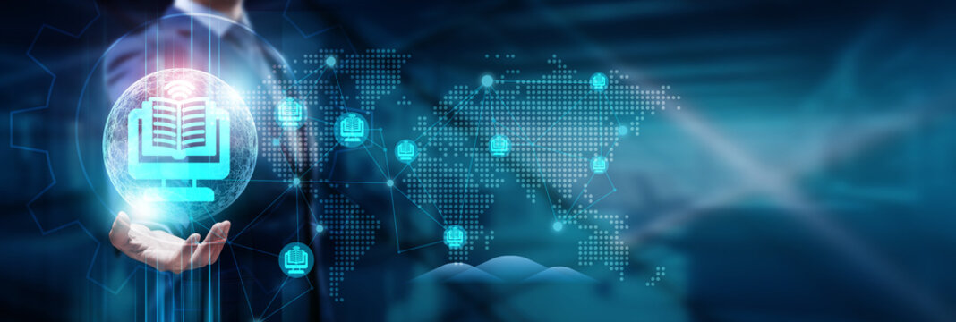 Businessman hand holding global network connection on EdTech, online learning, digital classrooms, e-learning, virtual education, artificial intelligence, technology, and futuristic innovations 