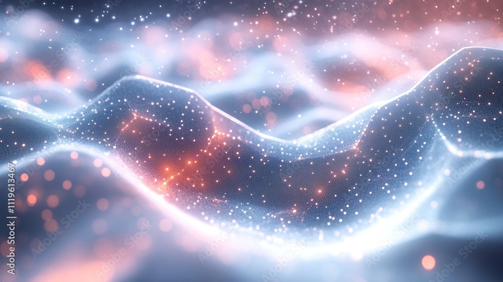Poster abstract glowing blue and red light waves with bokeh effect.