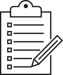 Checklist icon with check mark document gear pencil tables analytics questionnaire notes and notebooks on a clipboard symbol line vector isolated on transparent background.