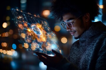 Enthusiastic young man interacts with futuristic digital interface at night in a vibrant city setting