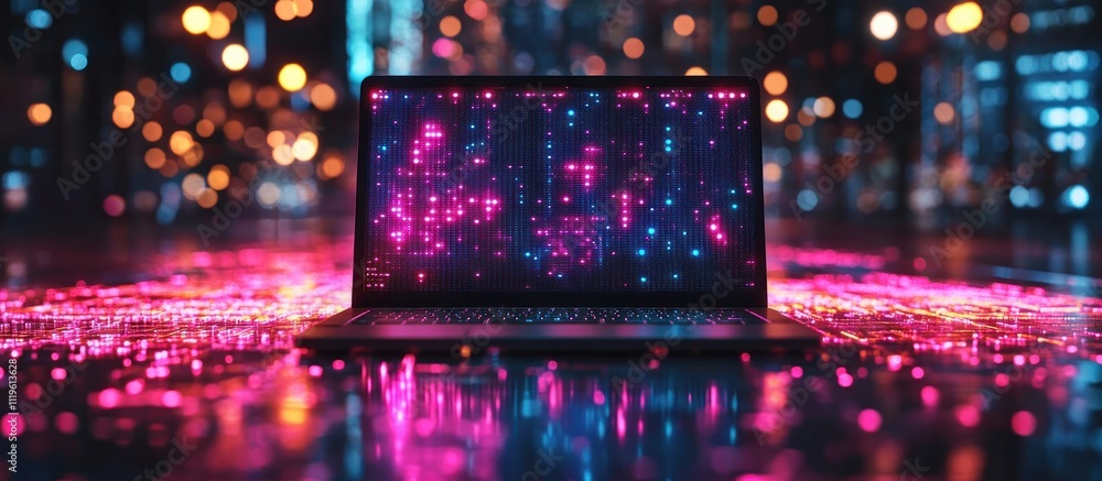Poster a laptop with a colorful, abstract design on the screen sits on a table with neon lights reflecting 