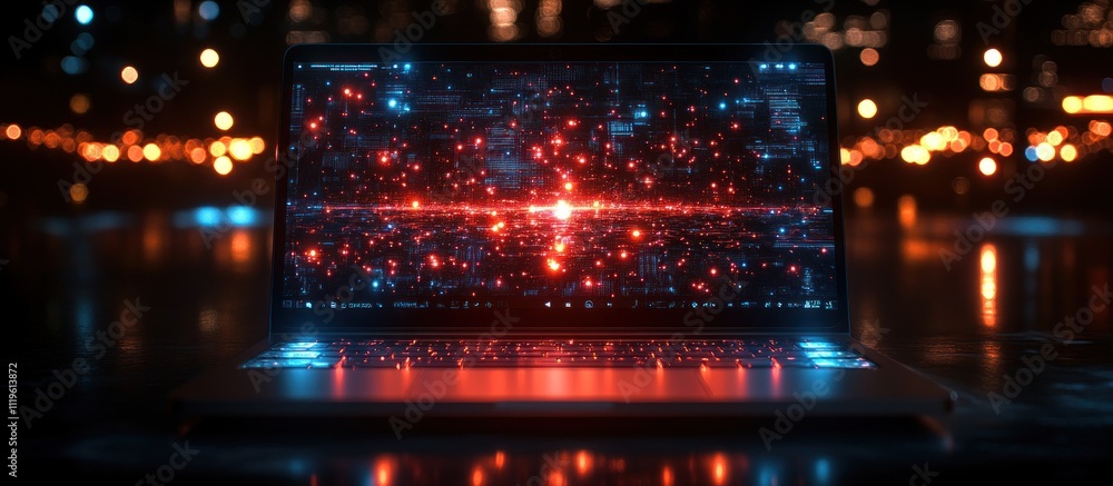 Poster laptop screen displaying a glowing, abstract data visualization with red and blue lights.