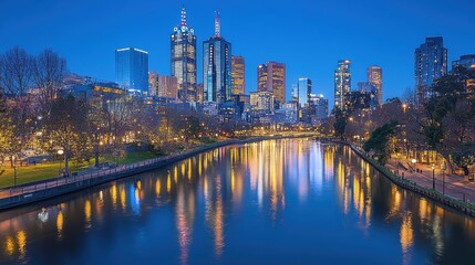 Naklejka premium Cityscape along a river with reflections of highrise lights shimmering on the water, evoking tranquility copy space, reflective city, ethereal, Blend mode, riverfront backdrop