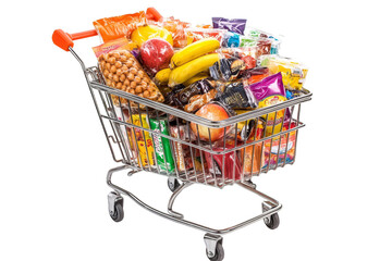 Shopping cart overflowing with groceries on transparent background