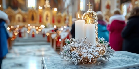 Traditional Russian Orthodox Christmas Service with Candlelight and Ornate Decorations in Church