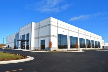 Fototapeta premium Large industrial warehouse modern white exterior blue sky background