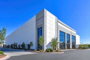 Large industrial warehouse modern white exterior blue sky background