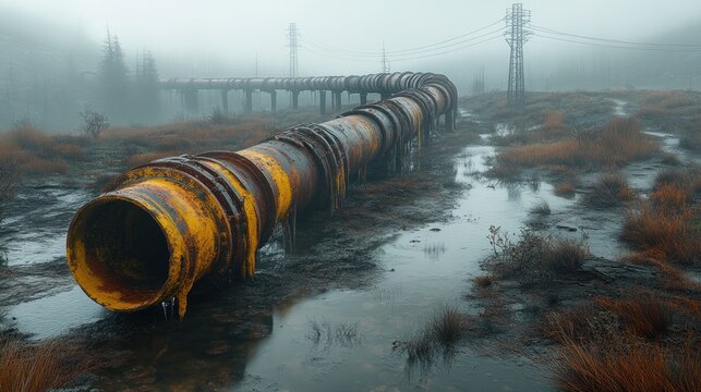 Rusty pipeline in foggy wetland. - Powered by Adobe