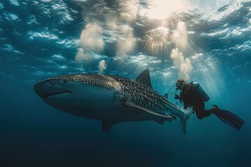 Fototapeta premium A scuba diver swims alongside a large whale shark in the ocean, sunbeams shining through the water.